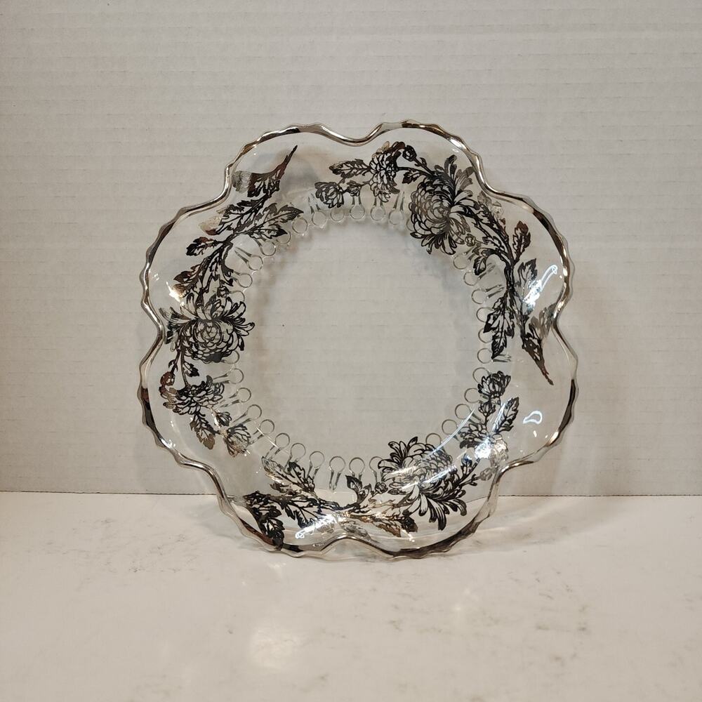 Vtg Silver Overlay Ruffle Edge Candy 8" Dish Plate Clear Glass Peonies Flowers
